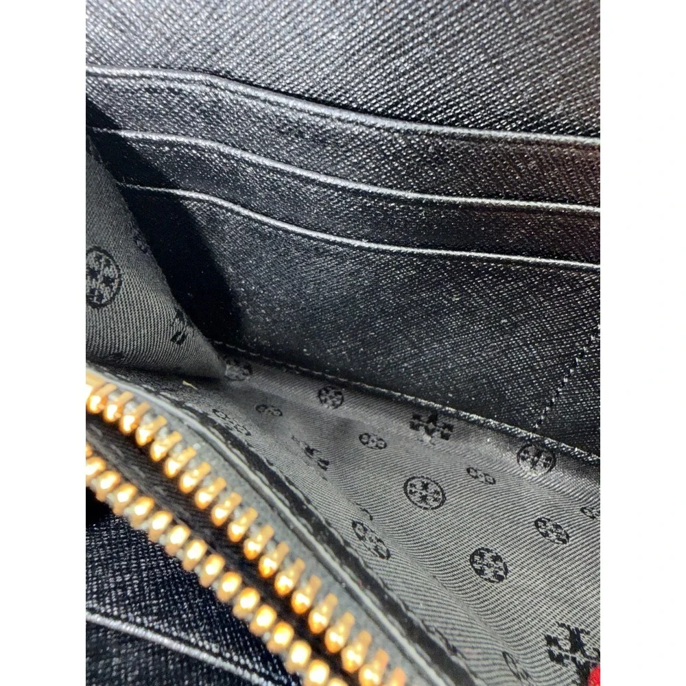 Tory Burch Black Saffiano Leather Perforated Zip Around Continental Wallet